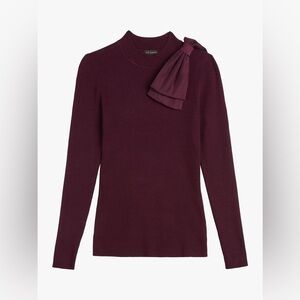 Ted Baker Plum Ribbed Mock Neck Sweater with Shoulder Bow